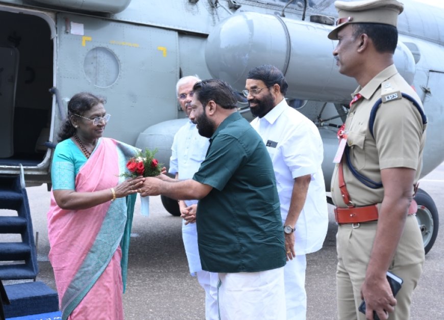 വർക്കല ശിവഗിരിയിലെ ശ്രീ നാരായണ ഗുരുദേവൻ്റെ മഹാപരിനിർവ്വാണ ശതാബ്ദിയുടെ ആഗോള തല പരിപാടികളുടെ ഉദ്ഘാടനത്തിന് എത്തിയ രാഷ്ട്രപതി ദ്രൗപതി മുർമുവിനെ ഗവർണർ രാജേന്ദ്ര ആർലേക്കർ, മന്ത്രി വി.എൻ വാസവൻ, വി. ജോയി എം എൽ എ എന്നിവർ ചേർന്ന് സ്വീകരിക്കുന്നു