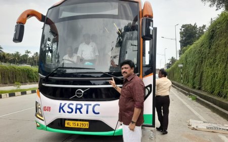 കെ എസ് ആർ ടി സി സെമി ഡീലക്സ് എ സി വോൾവോ ബസ് തിരുവല്ലം പാലം മുതൽ കാഞ്ഞിരംകുളം വരെ ബൈപാസിലുടെ ഗതാഗത വകുപ്പ് മന്ത്രി കെ ബി ഗണേഷ്കുമാർ ട്രയൽ ഓടിച്ചു