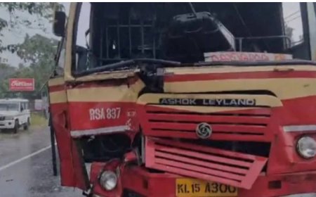 എം സി റോഡിൽ കെ എസ് ആർ ടി സി ബസ്സുകൾ തമ്മിൽ കൂട്ടിയിടിച്ച് അപകടം. ഡ്രൈവർക്കും രണ്ട് യാത്രക്കാർക്കും പരിക്ക്