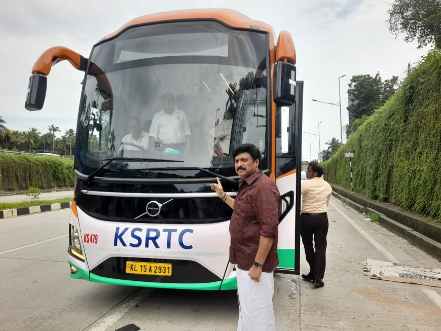 കെ എസ് ആർ ടി സി സെമി ഡീലക്സ് എ സി വോൾവോ ബസ് തിരുവല്ലം പാലം മുതൽ കാഞ്ഞിരംകുളം വരെ ബൈപാസിലുടെ ഗതാഗത വകുപ്പ് മന്ത്രി കെ ബി ഗണേഷ്കുമാർ ട്രയൽ ഓടിച്ചു