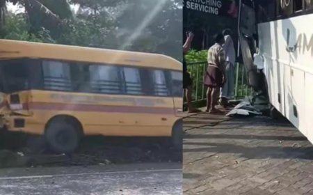 ശബരിമല തീർഥാടകർ സഞ്ചരിച്ച ബസ് വിദ്യാർഥിയെ കയറ്റാനായി നിർത്തിയിട്ടിരുന്ന സ്കൂൾ ബസിനു പിന്നിൽ ഇടിച്ചു. സ്കൂൾ ബസ് ഓടയിലേക്ക് മറിഞ്ഞു. കുട്ടികൾ വലിയ പരുക്കേൽക്കാതെ രക്ഷപെട്ടു.  തീർത്ഥാടകരിൽ ഒരാൾ ബസിൽ നിന്നു റോഡിലേക്ക് തെറിച്ചു വീണു